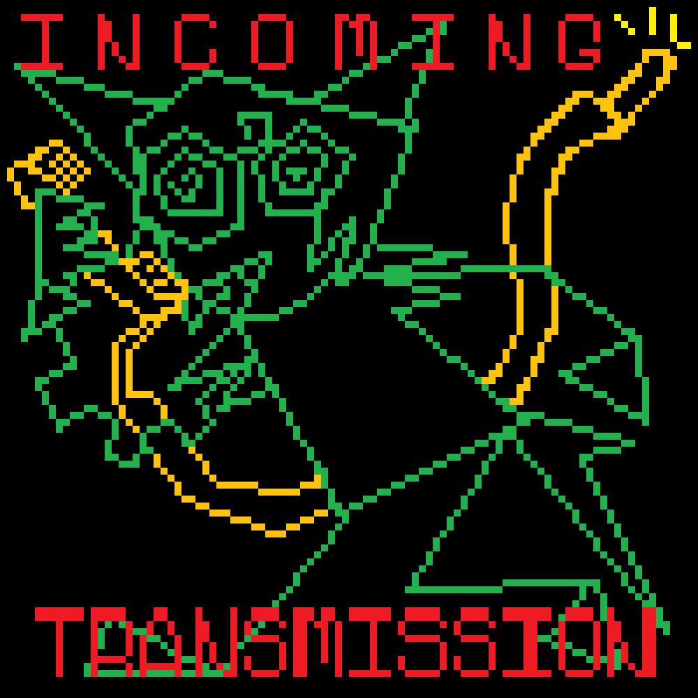 a drawing of oxide holding a phone with a cut wire. there is red text that reads incoming tranmission.